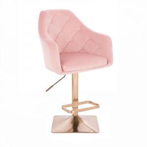 Barová židle ROMA VELUR na zlaté hranaté podstavě - světle růžová